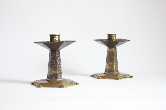 Image 1 of Hexagonal Art Deco Brass Candle Sticks, 1920S