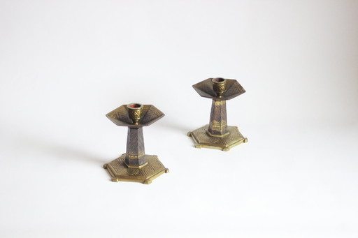 Hexagonal Art Deco Brass Candle Sticks, 1920S