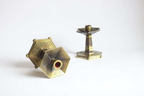 Image 1 of Hexagonal Art Deco Brass Candle Sticks, 1920S