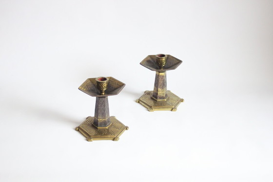 Image 1 of Hexagonal Art Deco Brass Candle Sticks, 1920S