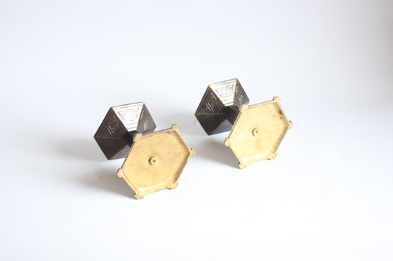 Image 1 of Hexagonal Art Deco Brass Candle Sticks, 1920S