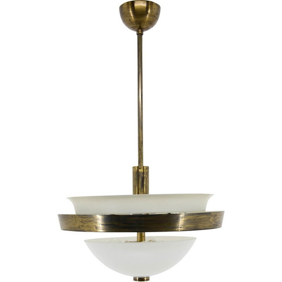 Image 1 of Vintage Bauhaus chandelier in patinated brass by Ias, Czechoslovakia 1930s