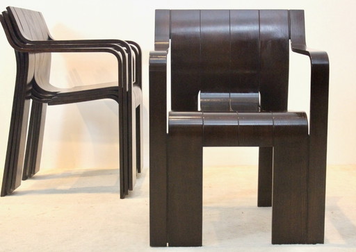 Set of four ‘Strip’ Dining Chairs with Armrests in Dark-brown Ashwood by Gijs Bakker for Castelijn