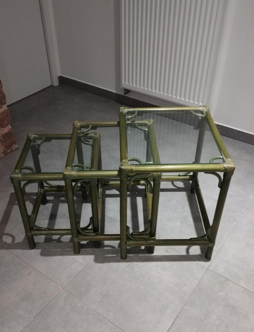 Ensemble De 3 Tables Gigognes (Rotin Et Bambou) Vintage, Dlg De Maugrion