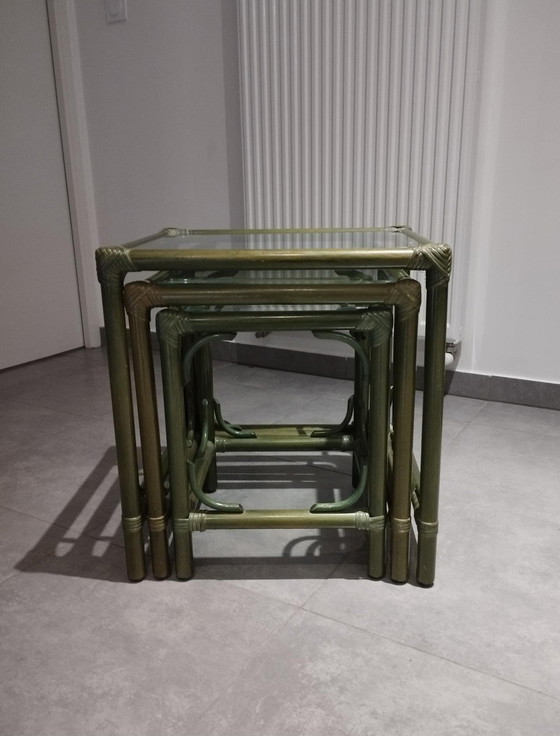 Image 1 of Ensemble De 3 Tables Gigognes (Rotin Et Bambou) Vintage, Dlg De Maugrion