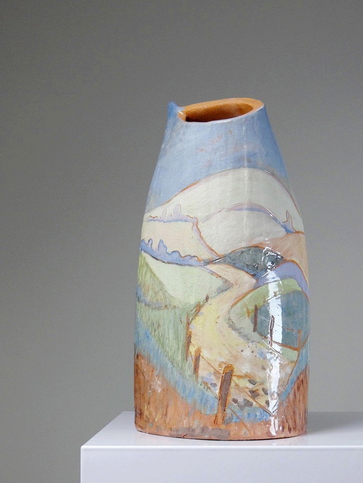 Vase Varnished Terracotta Pastoral Design Vintage Craftsmanship L. Mounal