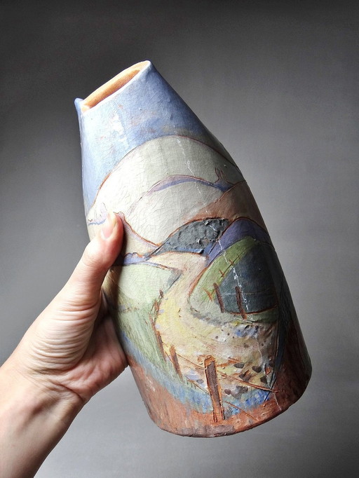 Vase Varnished Terracotta Pastoral Design Vintage Craftsmanship L. Mounal