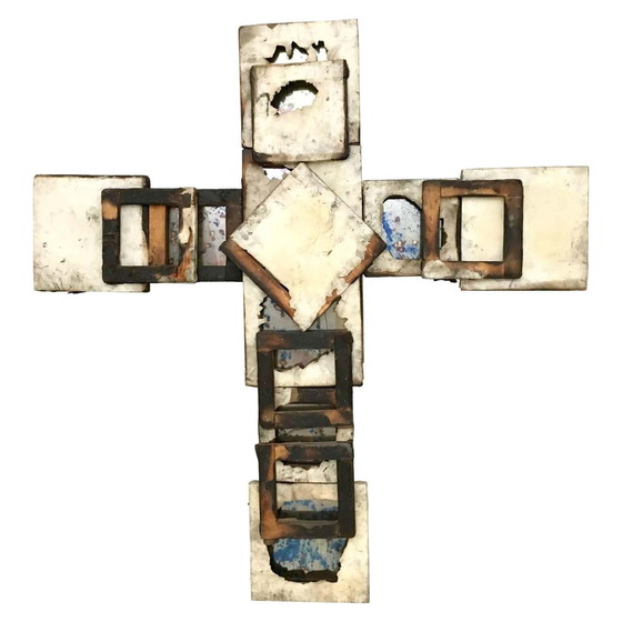 Image 1 of Holy Cross in metal, glass, wood and burnt canvas, 2000s