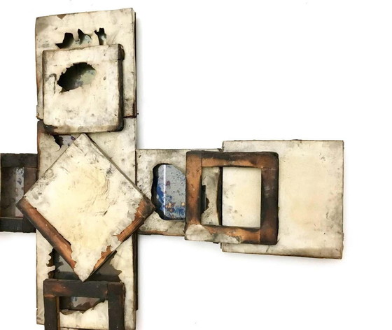 Image 1 of Holy Cross in metal, glass, wood and burnt canvas, 2000s