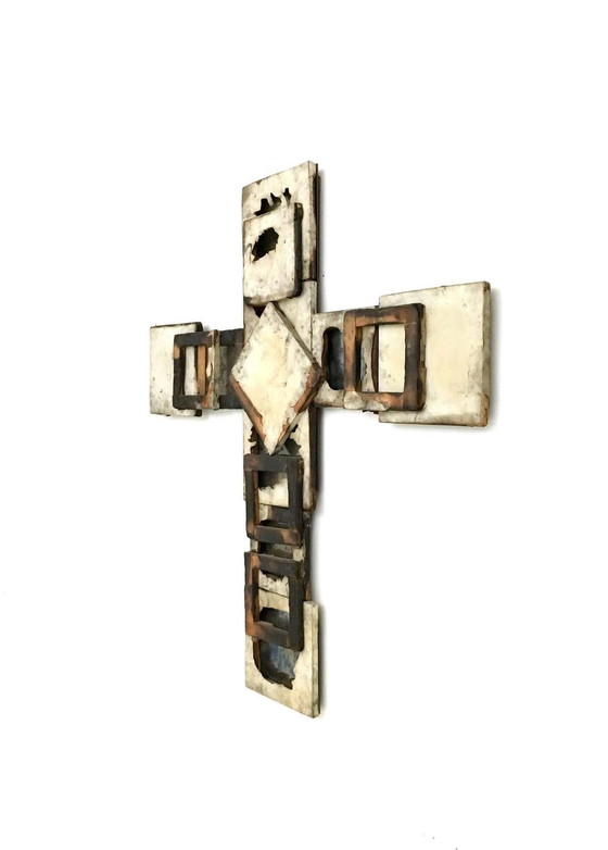 Image 1 of Holy Cross in metal, glass, wood and burnt canvas, 2000s