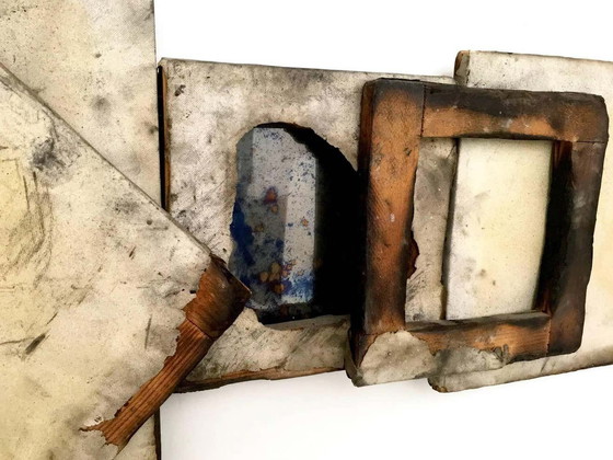 Image 1 of Holy Cross in metal, glass, wood and burnt canvas, 2000s