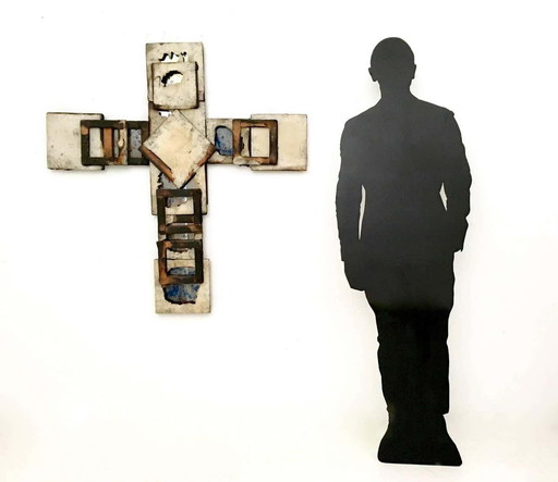 Holy Cross in metal, glass, wood and burnt canvas, 2000s