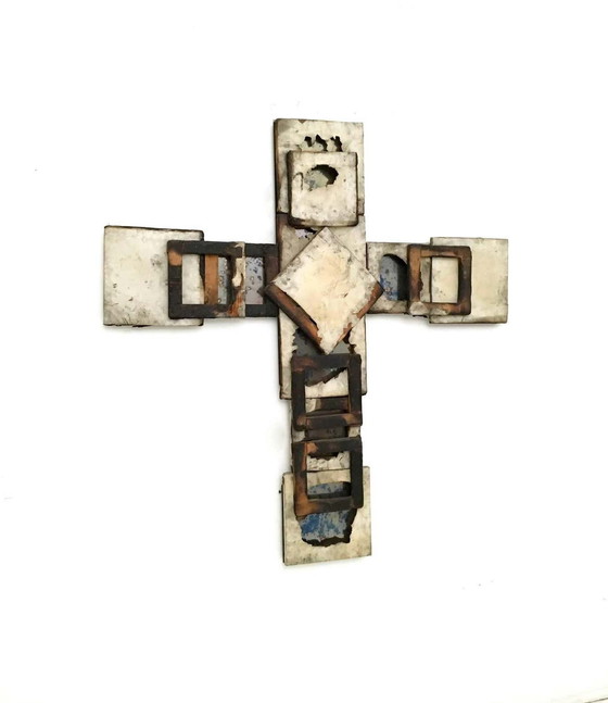 Image 1 of Holy Cross in metal, glass, wood and burnt canvas, 2000s