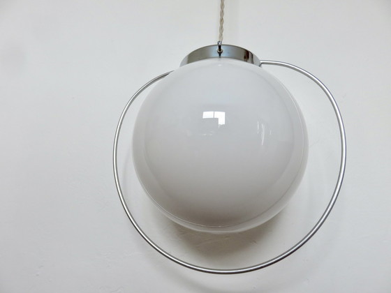 Image 1 of Art Deco Hanging Lamp, Opaline And Chrome Brass, France, 30s 40s