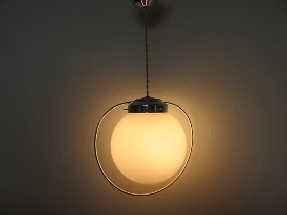 Image 1 of Art Deco Hanging Lamp, Opaline And Chrome Brass, France, 30s 40s