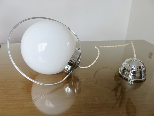 Art Deco Hanging Lamp, Opaline And Chrome Brass, France, 30s 40s