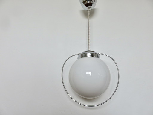 Art Deco Hanging Lamp, Opaline And Chrome Brass, France, 30s 40s