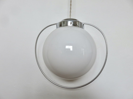 Image 1 of Art Deco Hanging Lamp, Opaline And Chrome Brass, France, 30s 40s