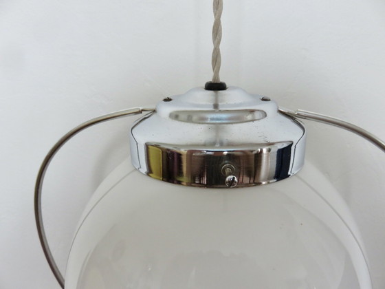 Image 1 of Art Deco Hanging Lamp, Opaline And Chrome Brass, France, 30s 40s