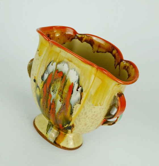 Image 1 of beau vase art déco 1930s ceramic dumler breiden drip glaze double handle