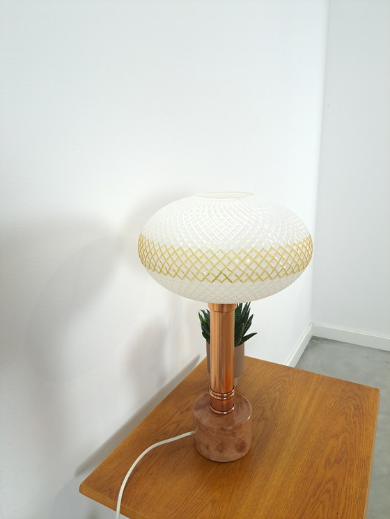 Image 1 of Table lamp marble base with copper and frosted glass shade