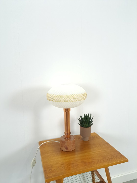 Image 1 of Table lamp marble base with copper and frosted glass shade