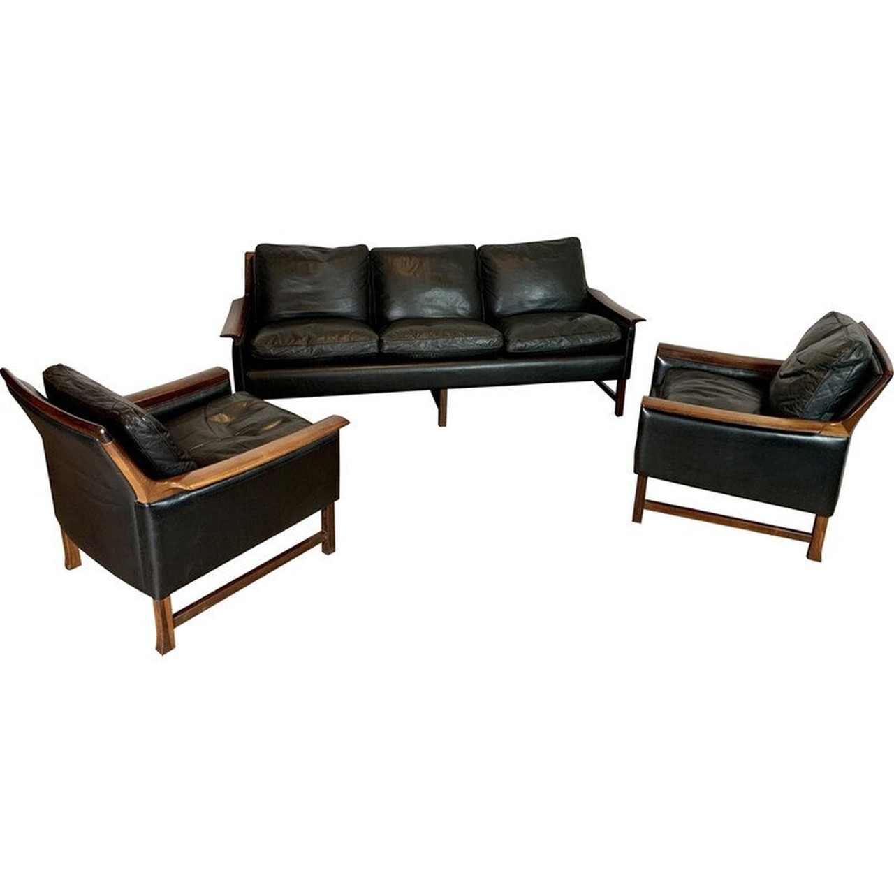 Vintage rosewood and black leather living room set 