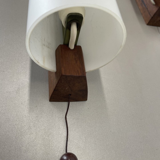 Image 1 of Set Of 3 Minimalist Satin White Glass And Teak Wall Light, Denmark, 1960S