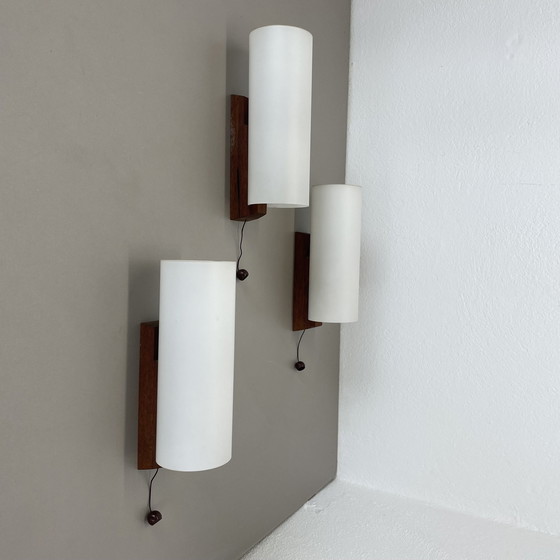 Image 1 of Set Of 3 Minimalist Satin White Glass And Teak Wall Light, Denmark, 1960S