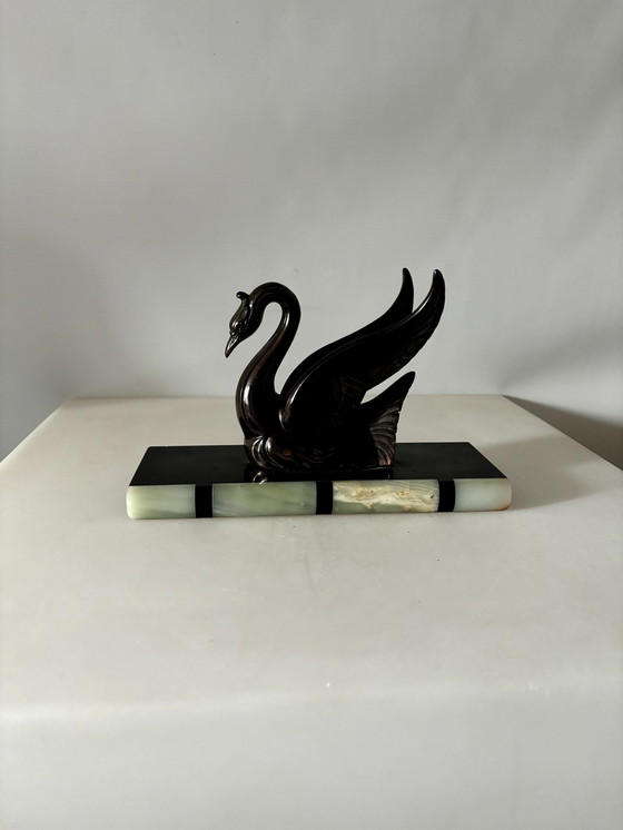 Image 1 of Swan of Spelter on marble base