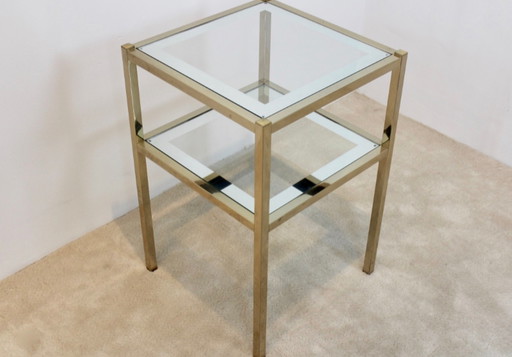 Table d'appoint en laiton à deux niveaux avec miroir