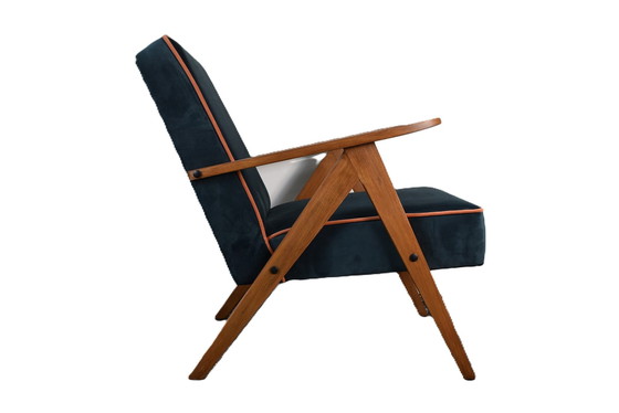 Image 1 of Restored Compass Chair, Canary Yellow Fabric, Orange Thread, Teak, 1960