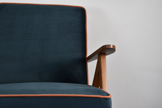 Image 1 of Restored Compass Chair, Canary Yellow Fabric, Orange Thread, Teak, 1960