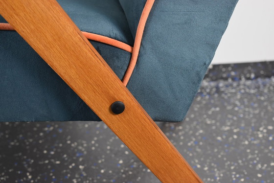 Image 1 of Restored Compass Chair, Canary Yellow Fabric, Orange Thread, Teak, 1960