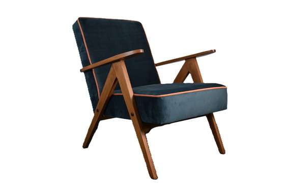 Image 1 of Restored Compass Chair, Canary Yellow Fabric, Orange Thread, Teak, 1960