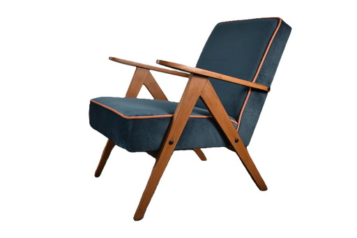 Restored Compass Chair, Canary Yellow Fabric, Orange Thread, Teak, 1960