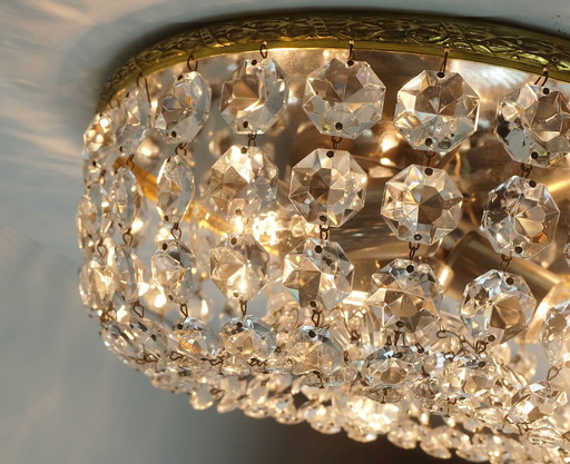 CEILING LIGHT glass crystals brass metal 60s hollywood regency style