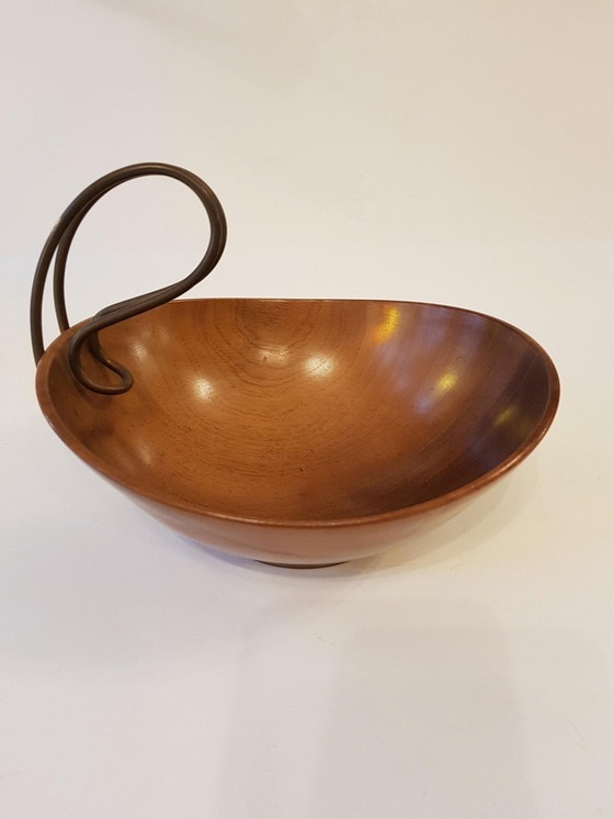 Image 1 of Wooden Bowl With Brass Handle From Grasoli, 1950S