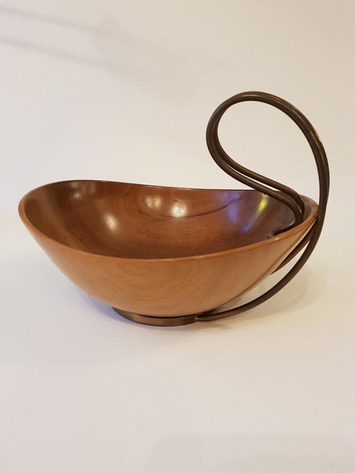 Wooden Bowl With Brass Handle From Grasoli, 1950S