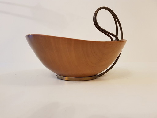 Wooden Bowl With Brass Handle From Grasoli, 1950S