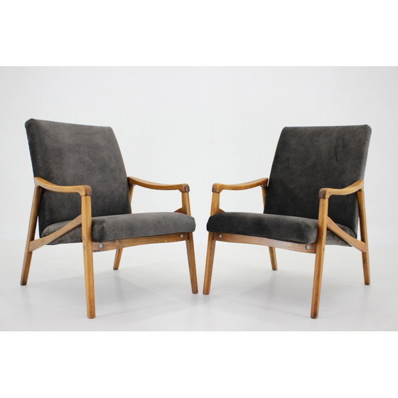 Image 1 of Pair of vintage beechwood armchairs with upholstered, Czechoslovakia 1960s