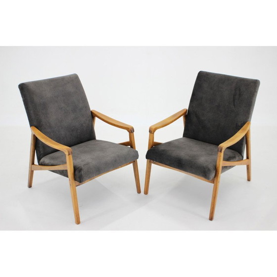Image 1 of Pair of vintage beechwood armchairs with upholstered, Czechoslovakia 1960s