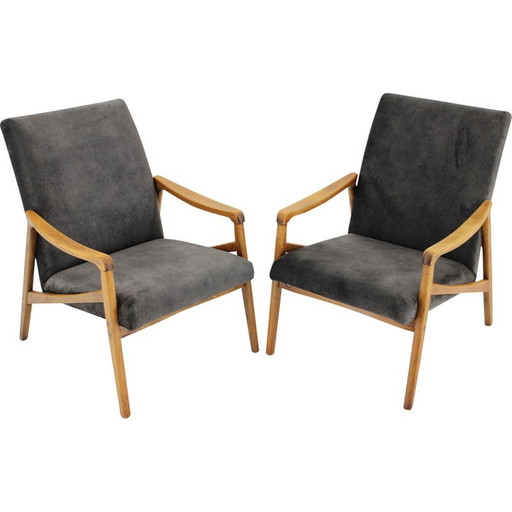 Pair of vintage beechwood armchairs with upholstered, Czechoslovakia 1960s