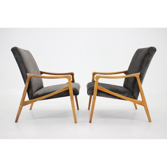 Image 1 of Pair of vintage beechwood armchairs with upholstered, Czechoslovakia 1960s