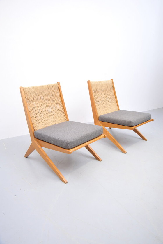 Image 1 of Chaises ciseaux dans le style de Pierre Jeanneret (attribuées), années 1950