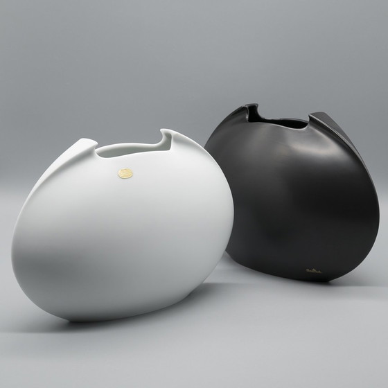 Image 1 of Lino Sabattini B&W Tasca Vase Duo Rosenthal Bisque Porcelain Minimalist 20X27X10