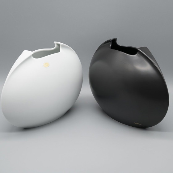 Image 1 of Lino Sabattini B&W Tasca Vase Duo Rosenthal Bisque Porcelain Minimalist 20X27X10