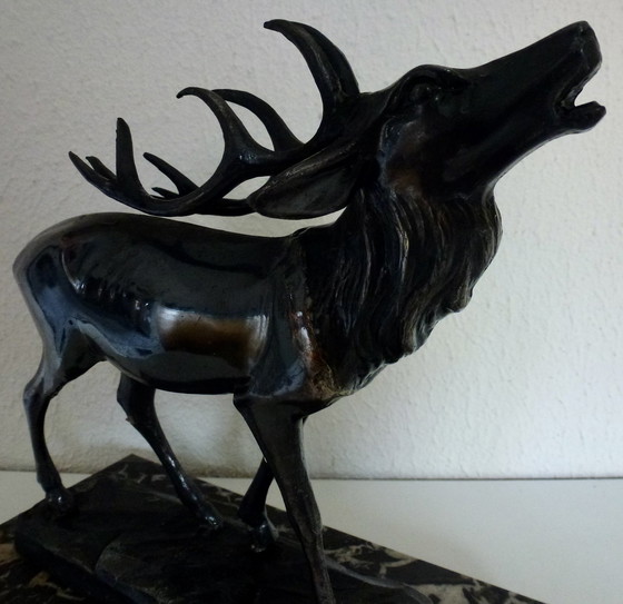 Image 1 of Art Deco Statue Burning Deer On Marble Base.