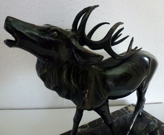 Image 1 of Art Deco Statue Burning Deer On Marble Base.