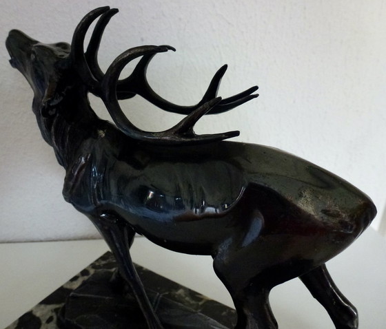 Image 1 of Art Deco Statue Burning Deer On Marble Base.